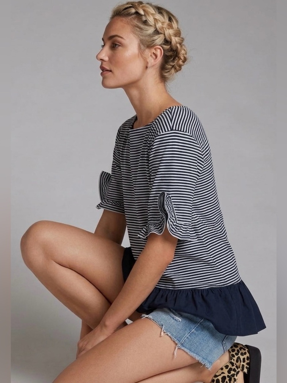 Maeve by Anthropologie Navy Striped Peplum Oversized Top